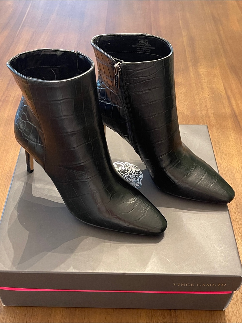 Vince Camuto Black Croc-Embossed Pointed Toe Ankle Boots with Side Zipper